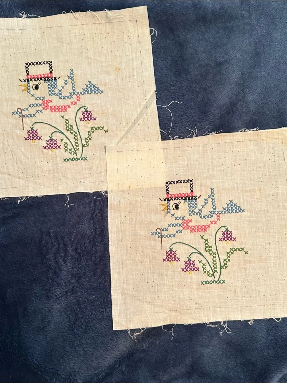 Vintage Whacky Birds Hand-Embroidered Cotton 9x9 Baby Quilt Blocks - 12 Complete